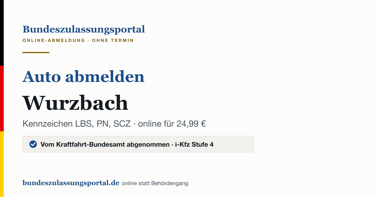 Auto abmelden Wurzbach online (Kennzeichen LBS, PN, SCZ): Grafik des Bundes Zulassungsportals, 24,99 € inklusive Gebühren