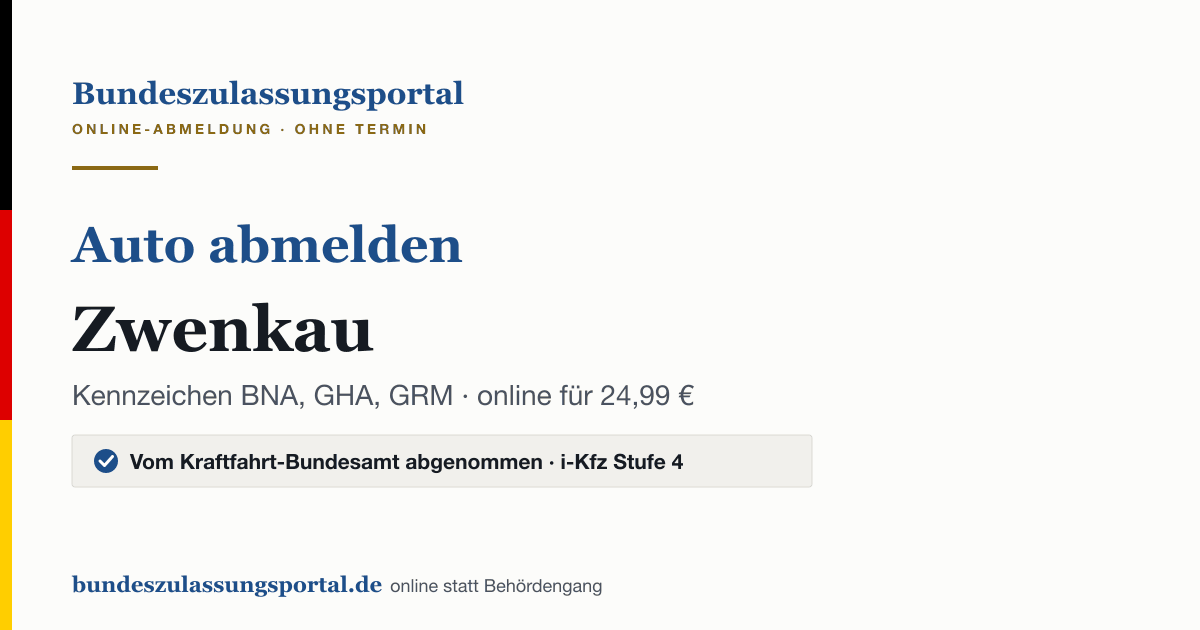 Auto abmelden Zwenkau online (Kennzeichen BNA, GHA, GRM): Grafik des Bundes Zulassungsportals, 24,99 € inklusive Gebühren