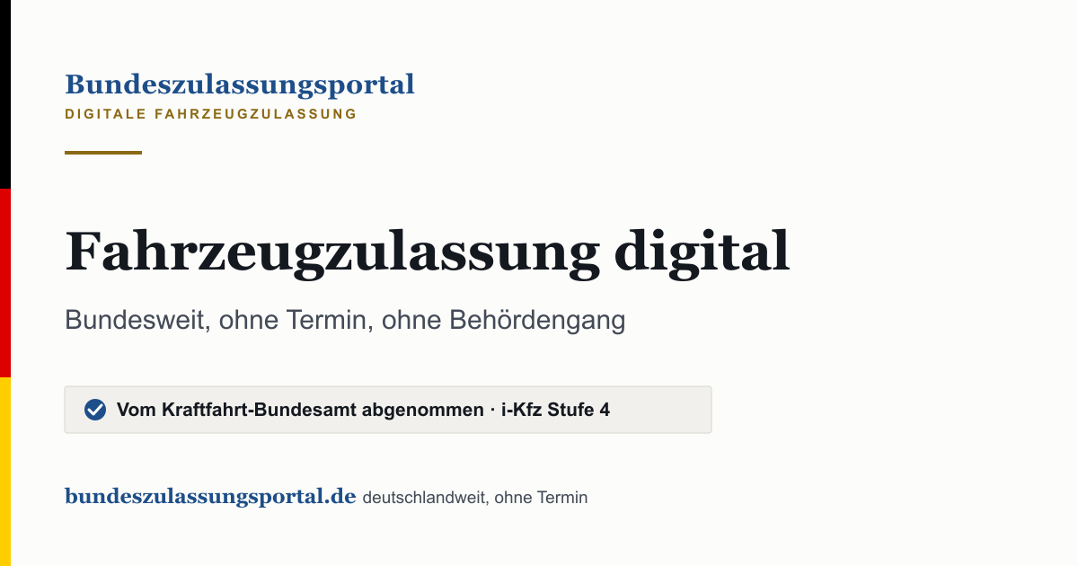 Textgrafik des Bundeszulassungsportals: „Fahrzeugzulassung digital – bundesweit, ohne Termin, ohne Behördengang“.
