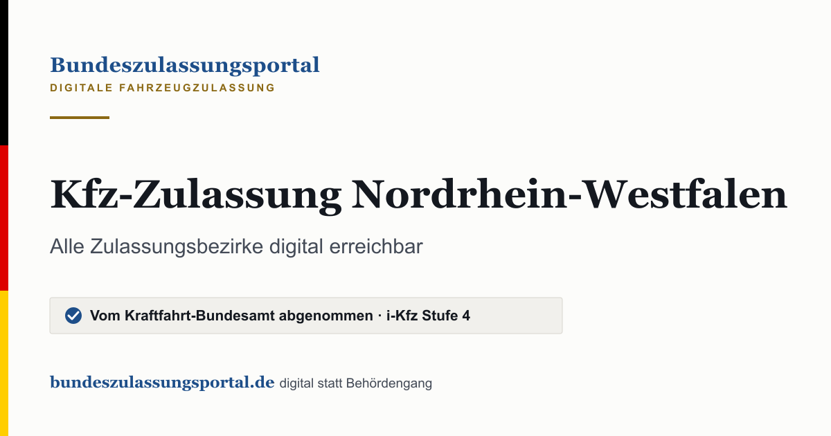 Textgrafik des Bundeszulassungsportals: „Kfz-Zulassung Nordrhein-Westfalen“.